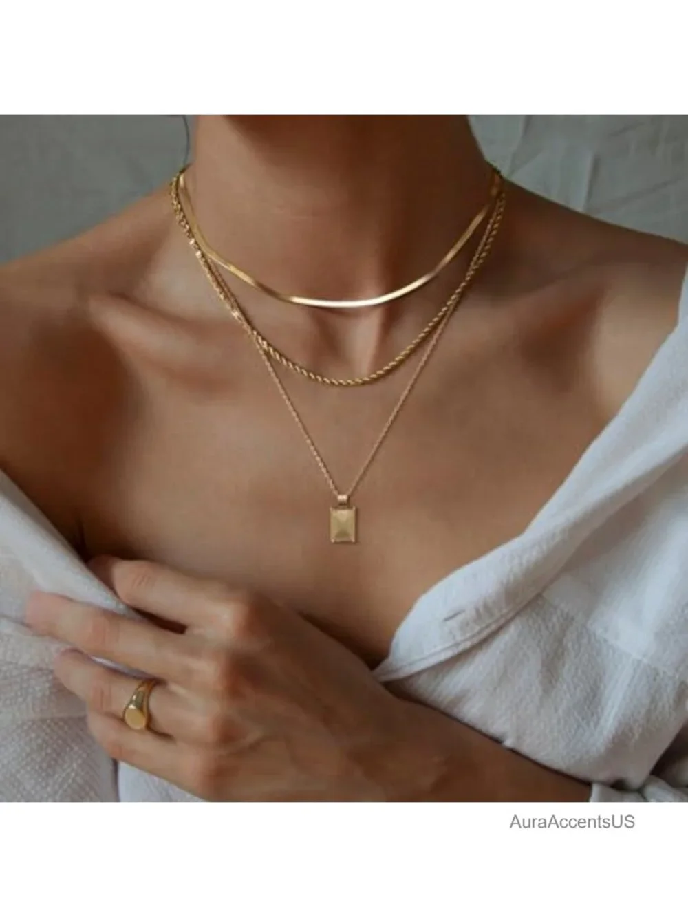 14K Real Gold Plated Layered Necklace Set, Stackable CZ Pendant Necklaces for
